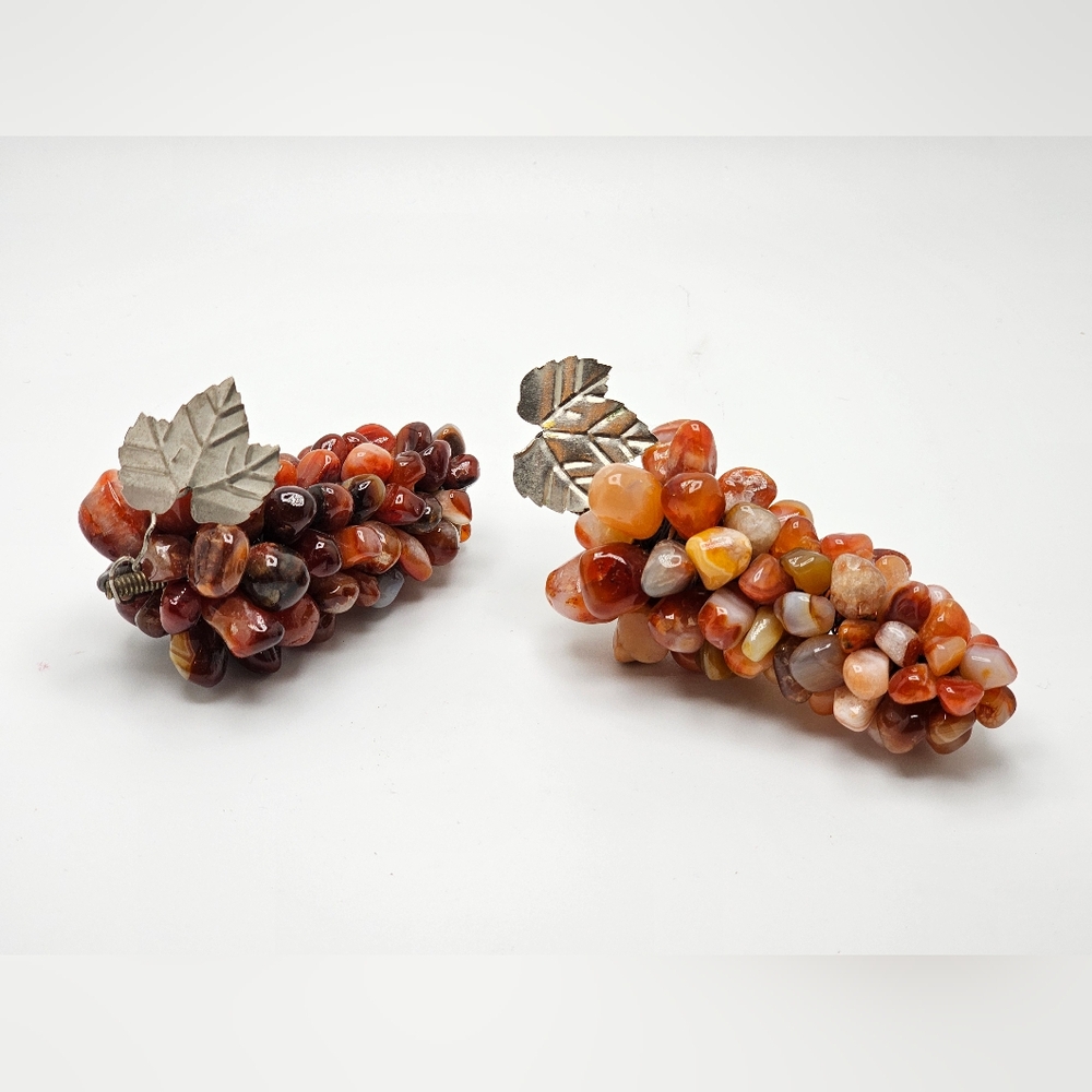 Carnelian Agate Grape Cluster Tumbled Polished Stones & Metal Leaf Vtg MCM Pair